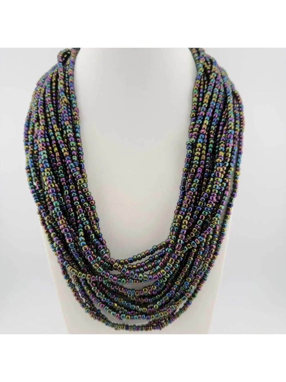 Multicolor Glass Seed Bead Layered Statement Bib Necklace Oil Slick Peacock